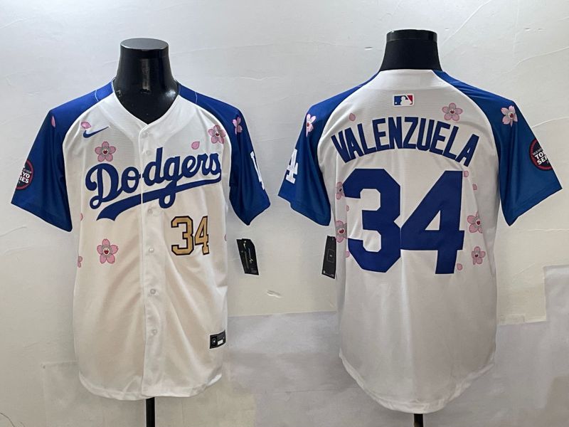 Men Los Angeles Dodgers #34 Valenzuela White Blue Sakura Edition 2025 Nike MLB Jersey style 2->los angeles dodgers->MLB Jersey